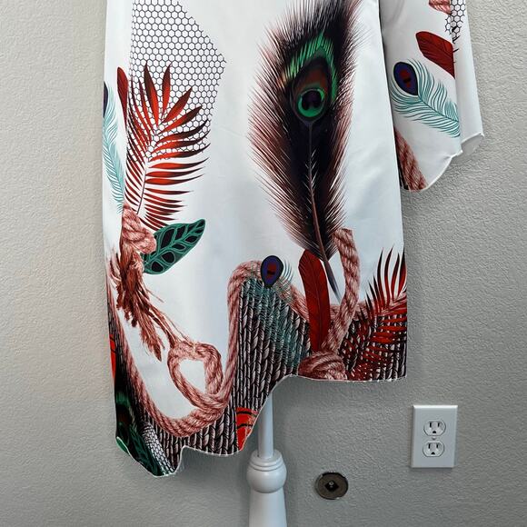 White Green Multi Peacock Asymmetric One Shoulder High Neck Mini Shift Dress M/L - Picture 5 of 12